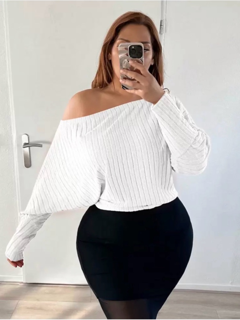 SHEIN White Off-Shoulder Ribbed Long Sleeve Top
